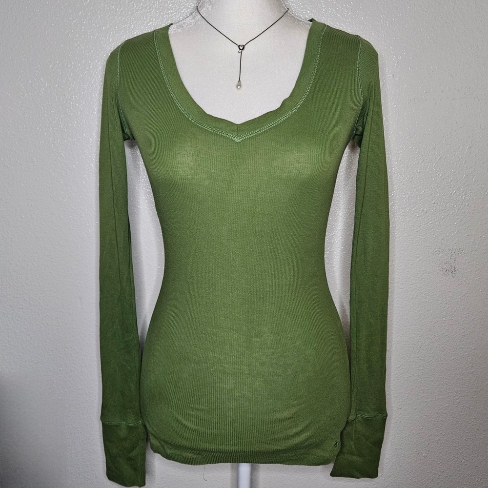 Abercrombie & Fitch Ribbed V-Neck Long Sleeve Top Green